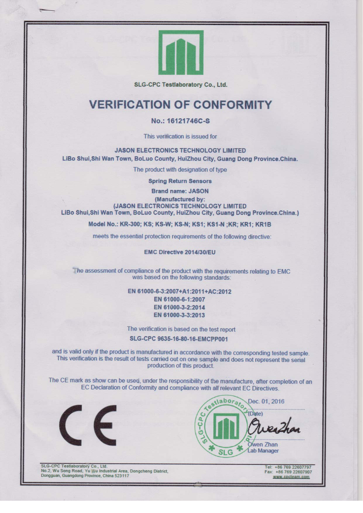 CE Certificate - KS Series Position Sensors