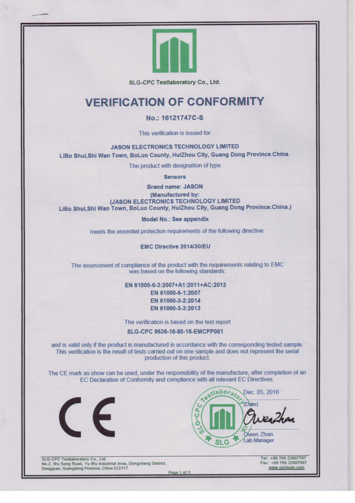 CE Certificate - WDJ Series Position Sensors